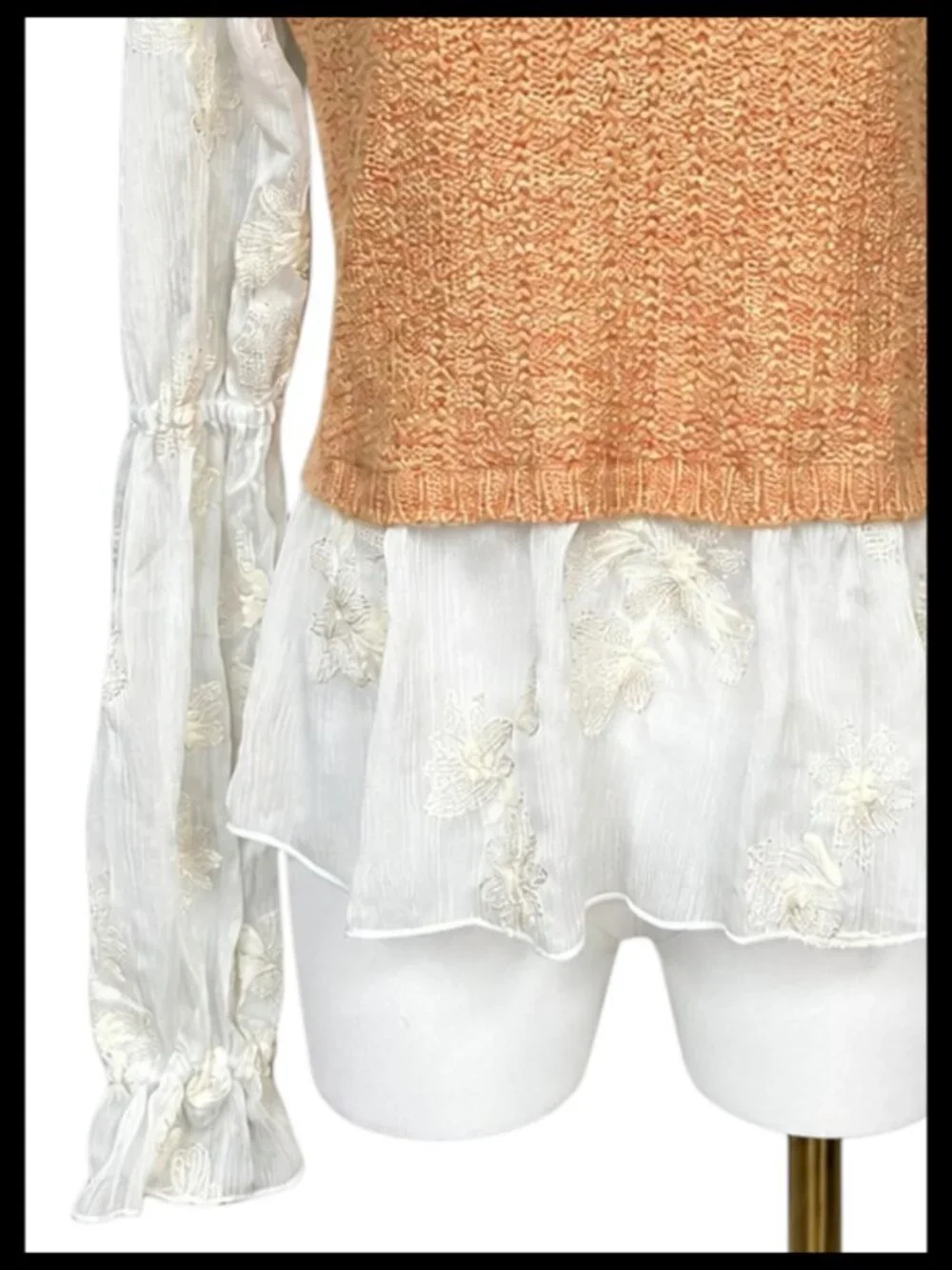 Anthropologie Layered Knit Cropped Vest Cream Orange Lace Embroidered Blouse_S
